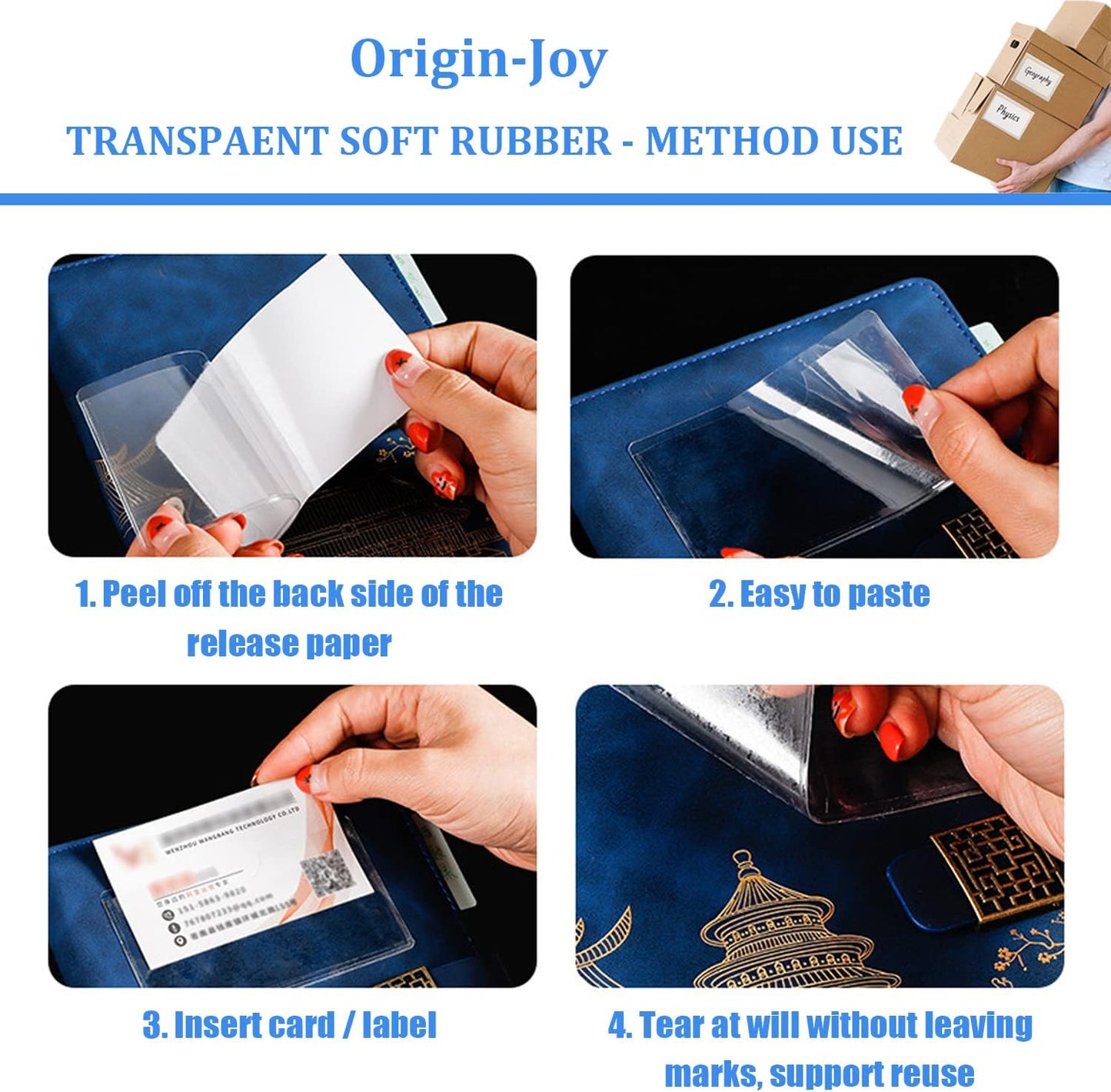 Origin-Joy 60 PCS Self Adhesive Index Card Pockets with Top Open, Clear Plastic Label Holder for Cards of Note, Library and Business, Adhesive Label Pockets & Card Holder (4 x 3.25 inch)