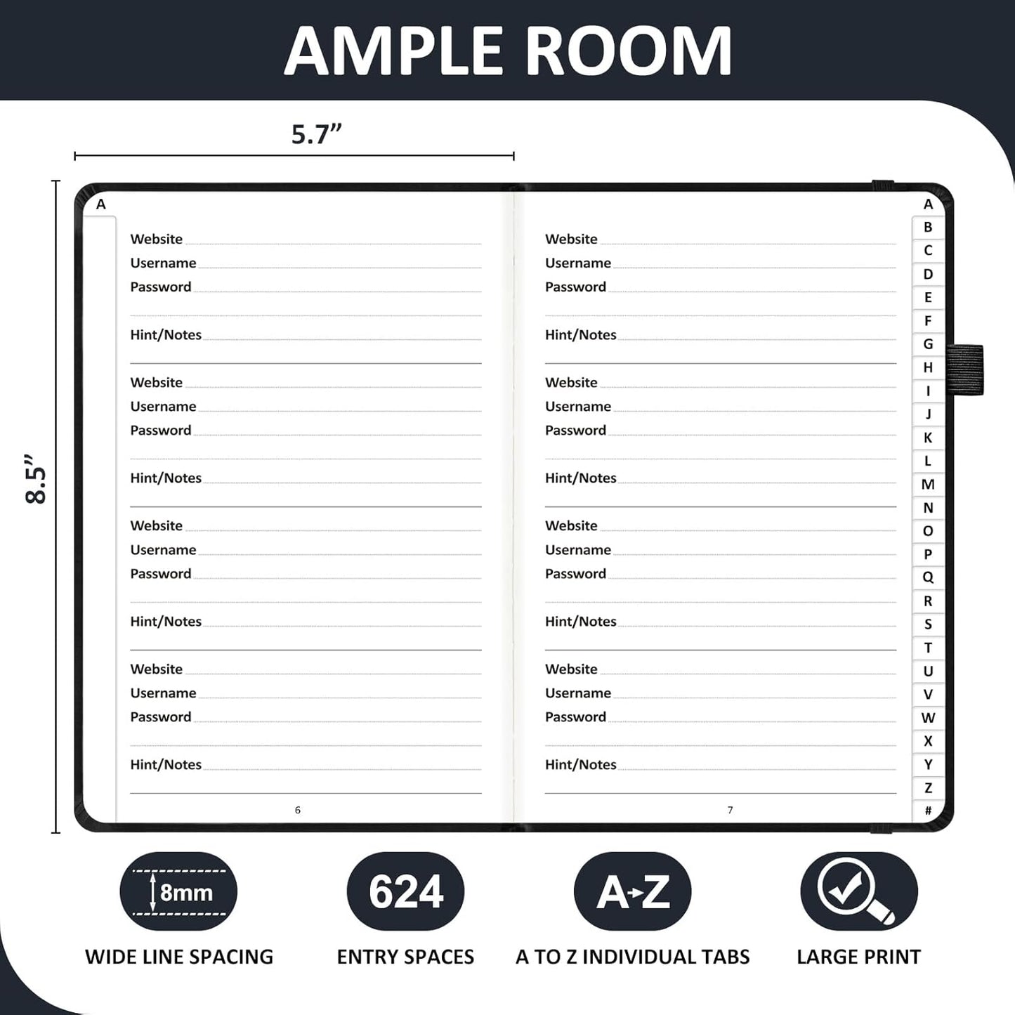 Password Book with Individual Alphabetical Tabs Laminated, Large Print Password Keeper Book for Seniors, A5 Hardcover Internet Password Log Book to Record Website Login Details - Black