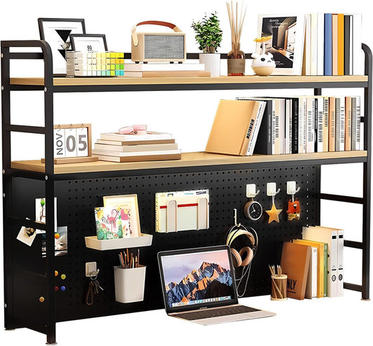 Desk Hutch Shelf Dorm 2 Tier Countertop Desktop Bookshelf With Pegboard,metal /MDF Desk Top Bookcase for Computer desk, Desk Storage Organizer Rack for Office Home Dormitory (black, 110cm/43.3in)
