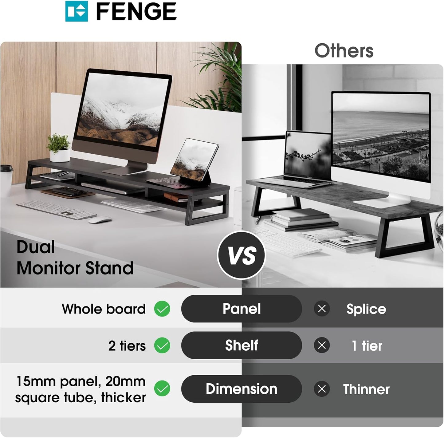Fenge Dual Monitor Stand for Desk, 42.5in Large Monitor Riser for 2 Monitors, 2 Tier Computer Office Desk Top Shelf, Desktop Storage Stand for Laptop, PC, Computer, Printer