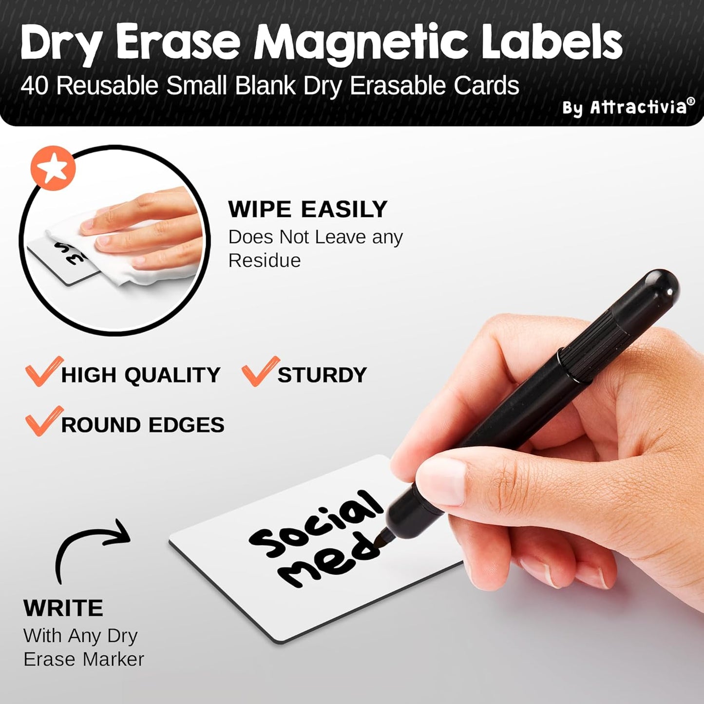 Dry Erase Magnetic Labels 2.8 x 1.8 in, Small Dry Erase Magnets, 40-Pack, White Erasable Write-On All-Purpose Labels, for Office, Education, Home, Whiteboard