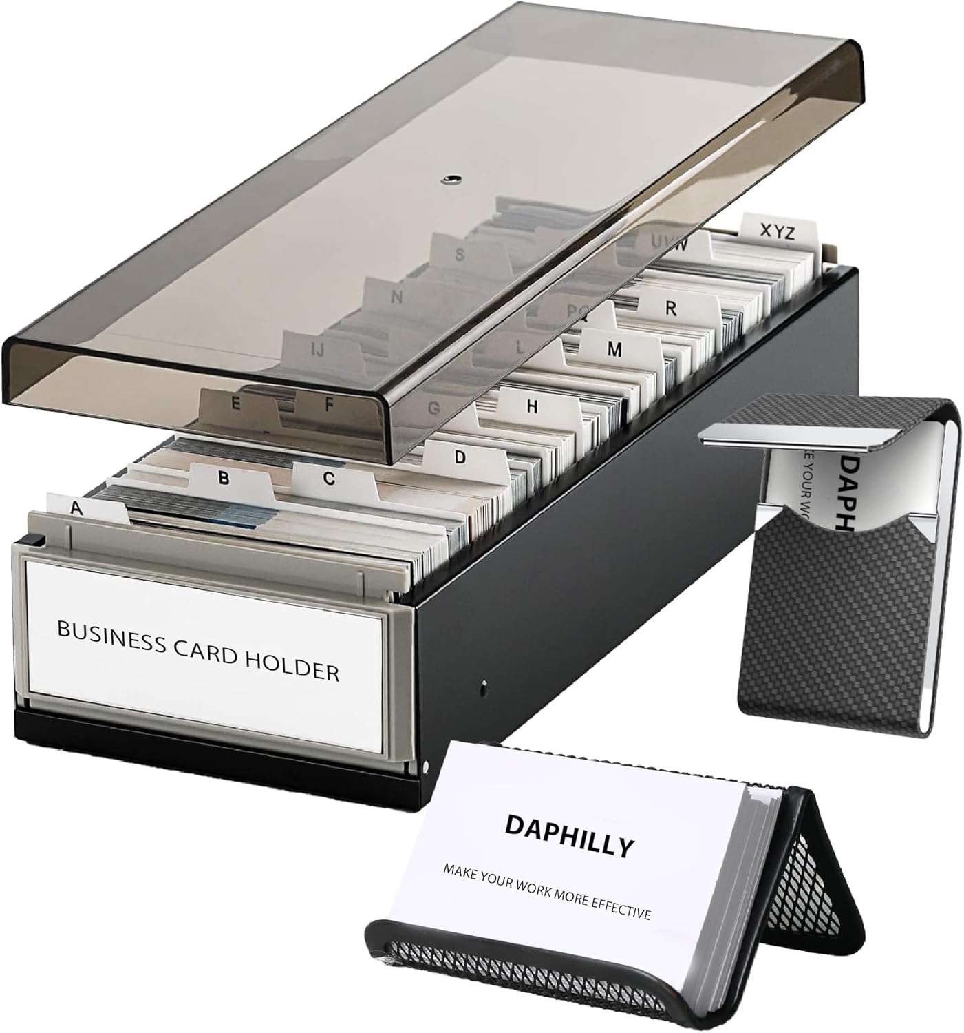 Business Card Holder for Desk, Business Card Holder Organizer, Credit Card Organizer Case File Index Card Box Storage,with A-Z Tabs, Storage up to 800 Cards (3.5” x 2.2”), Metal Structure