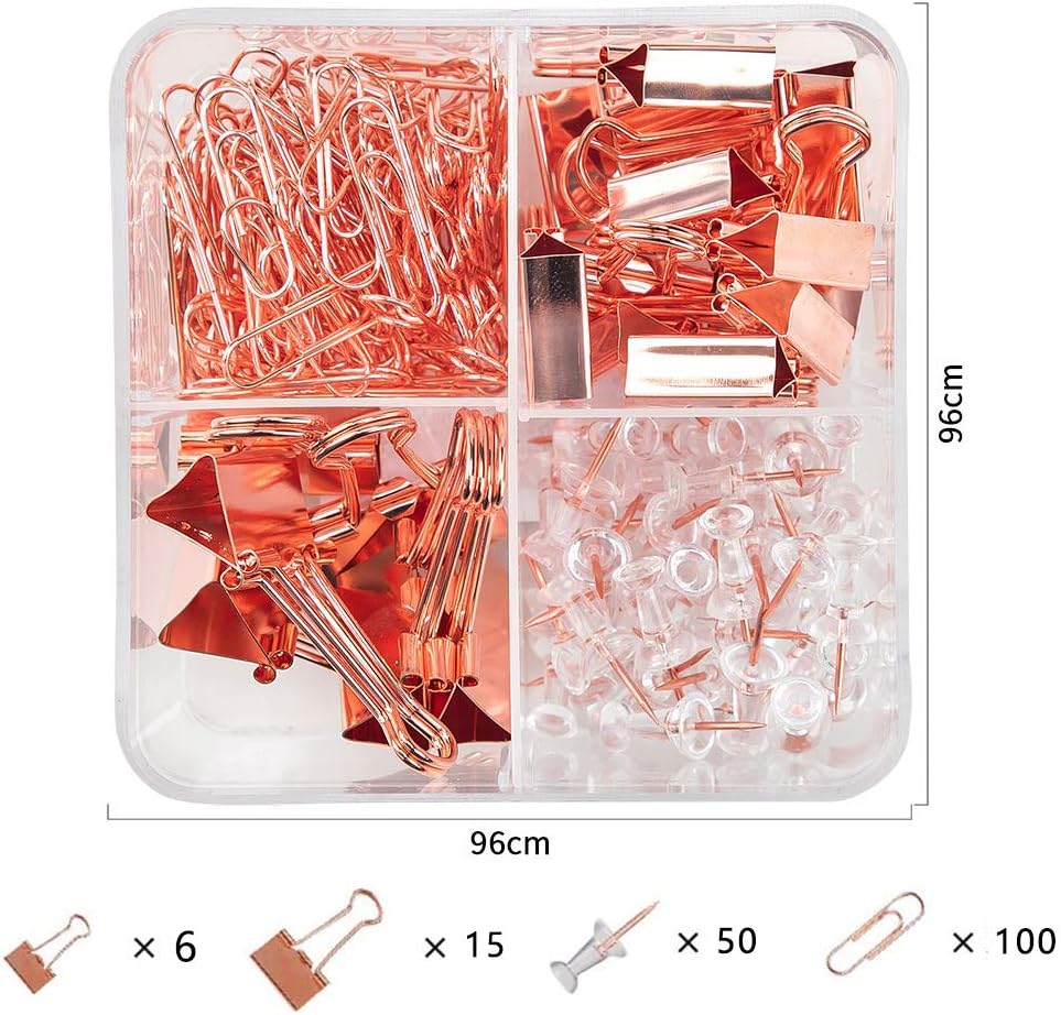 Paper Clips and Binder Clips Set, Metal Assorted Sized Binders with Push Pins, Cute Office Supplies for Desk, Desk Accessories (Square-Rose-Gold)