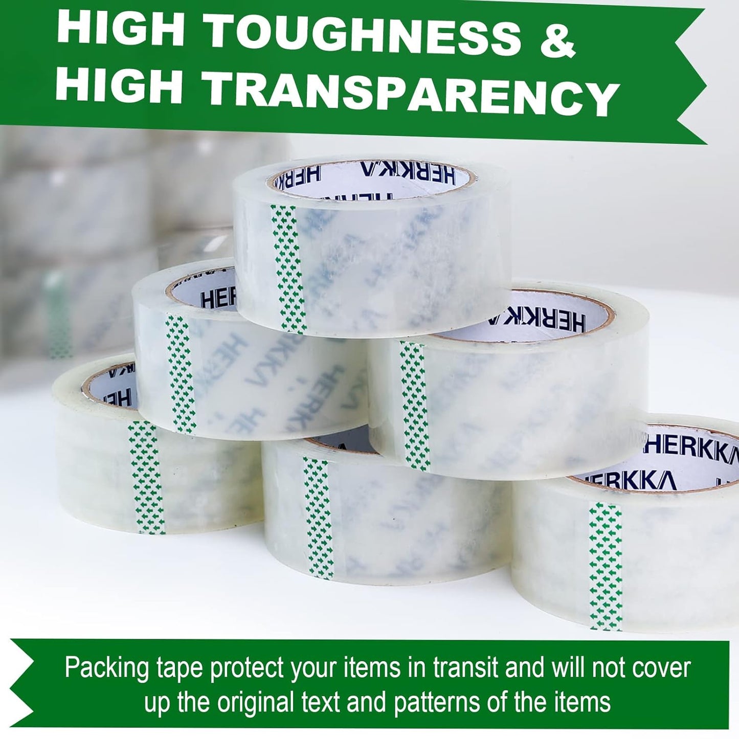 HERKKA Clear Packing Tape, 18 Rolls Heavy Duty Packaging Tape for Shipping Packaging Moving Sealing, Thicker Clear Packing Tape, 2 inches Wide, 65 Yards Per Roll, 1170 Total Yards
