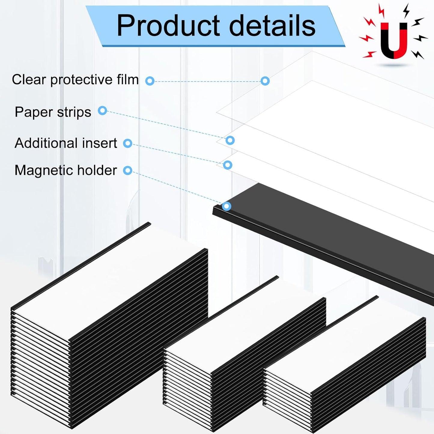 50 Pcs 6" x 2" Magnetic C Channel Label Holders with Replacement White Paper and Clear Plastic Films, Magnetic Cards Name Tags for Rack Shelf Warehouse Labels Accessories