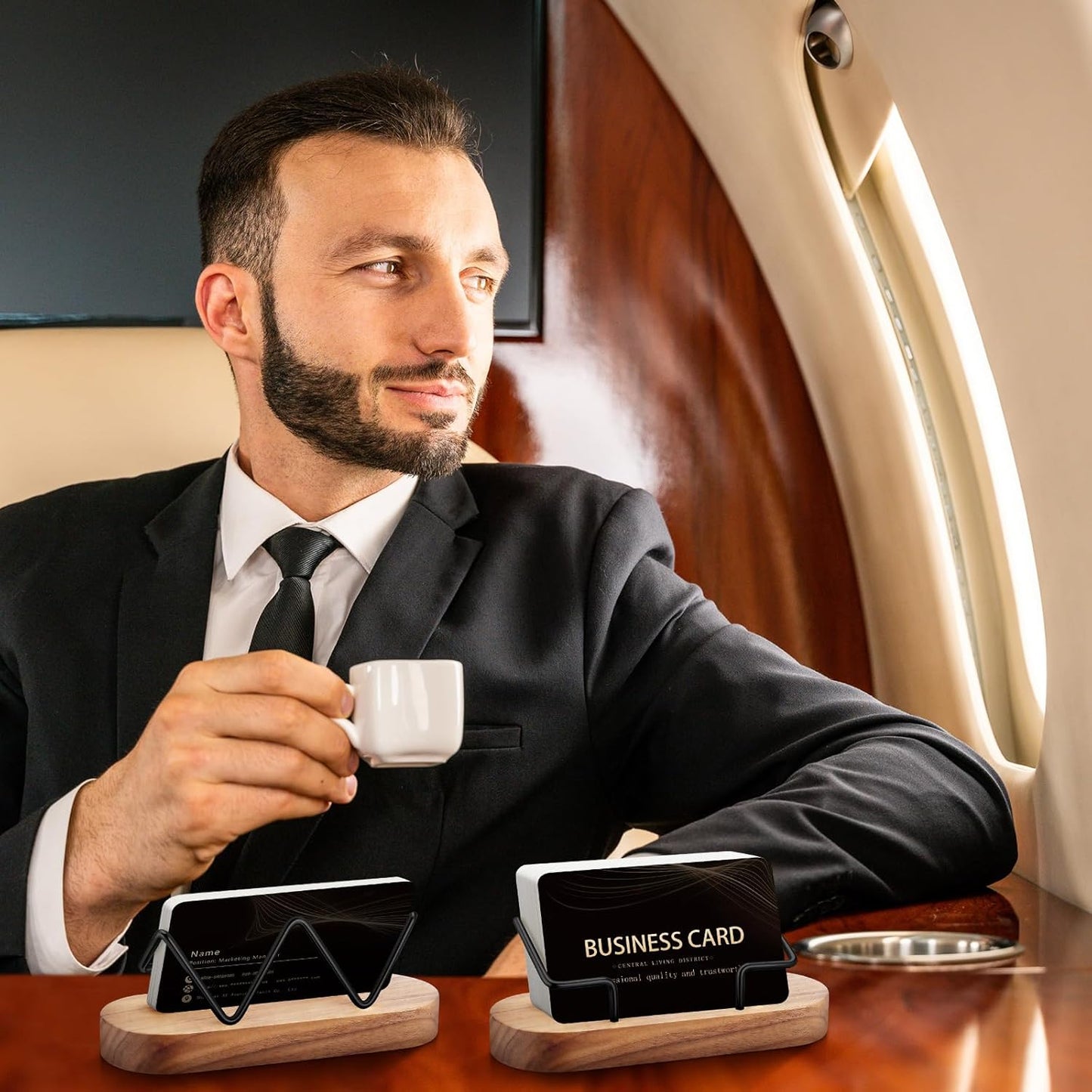 Amyhill 2 Pieces Wood Business Card Holder for Desk Wooden Business Card Display Stand Postcard Holder for Office Home Desktop(Wood Color)