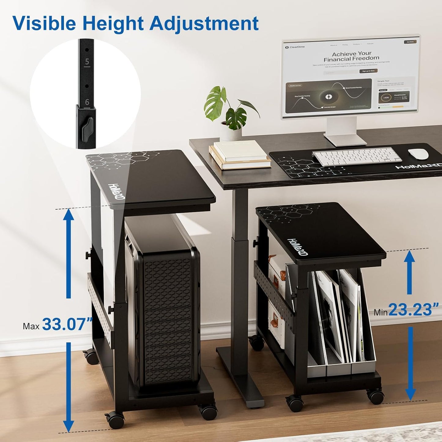 Height Adjustable Computer Tower Stand, 2-Tier ATX-Case CPU Holder with Mouse Pad & Headphone Stand, Mobile PC Standing Under Desk, Home Office Gaming Accessories, Computer Cart Wheels, Black