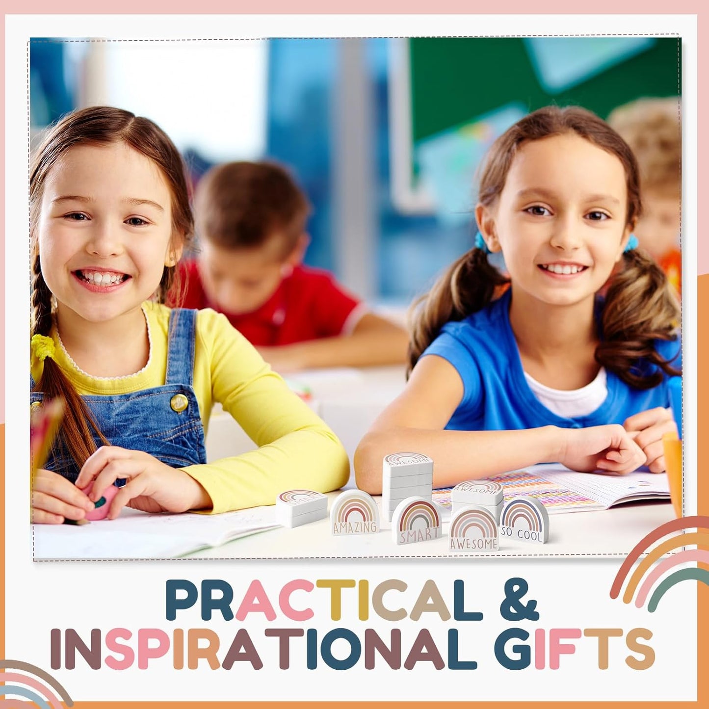 80 Sets Back to School Gifts for Students Rainbow Erasers Bulk with Greeting Cards 3D Novelty Desk Erasers for Kids Birthday Party Favors Classroom Rewards