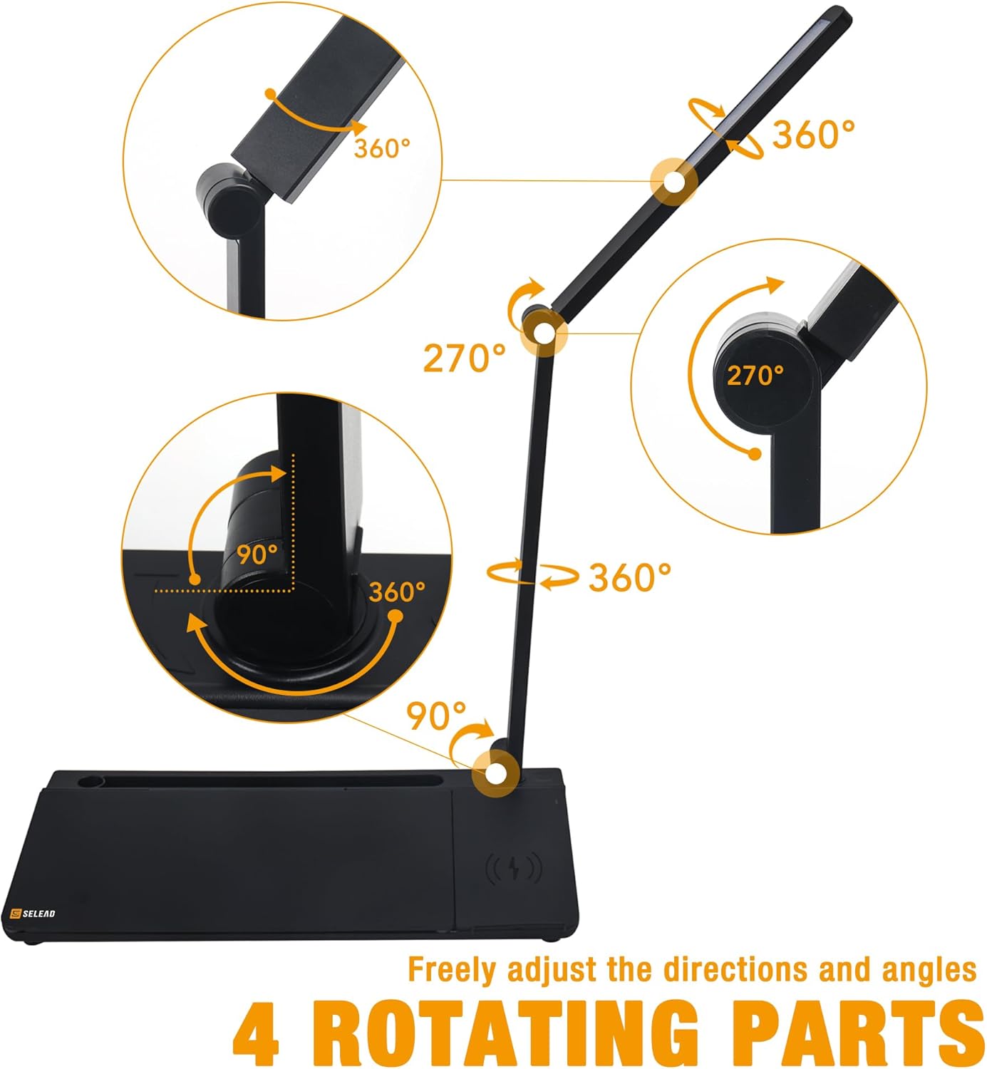 SELEAD Desktop Glass Whiteboard with Wireless Charger Station and Desk Lamp, Tabletop Dry Erase Board w/Organizer, Markers, Mirror, Holder for Home School Office Desk Accessories, Black