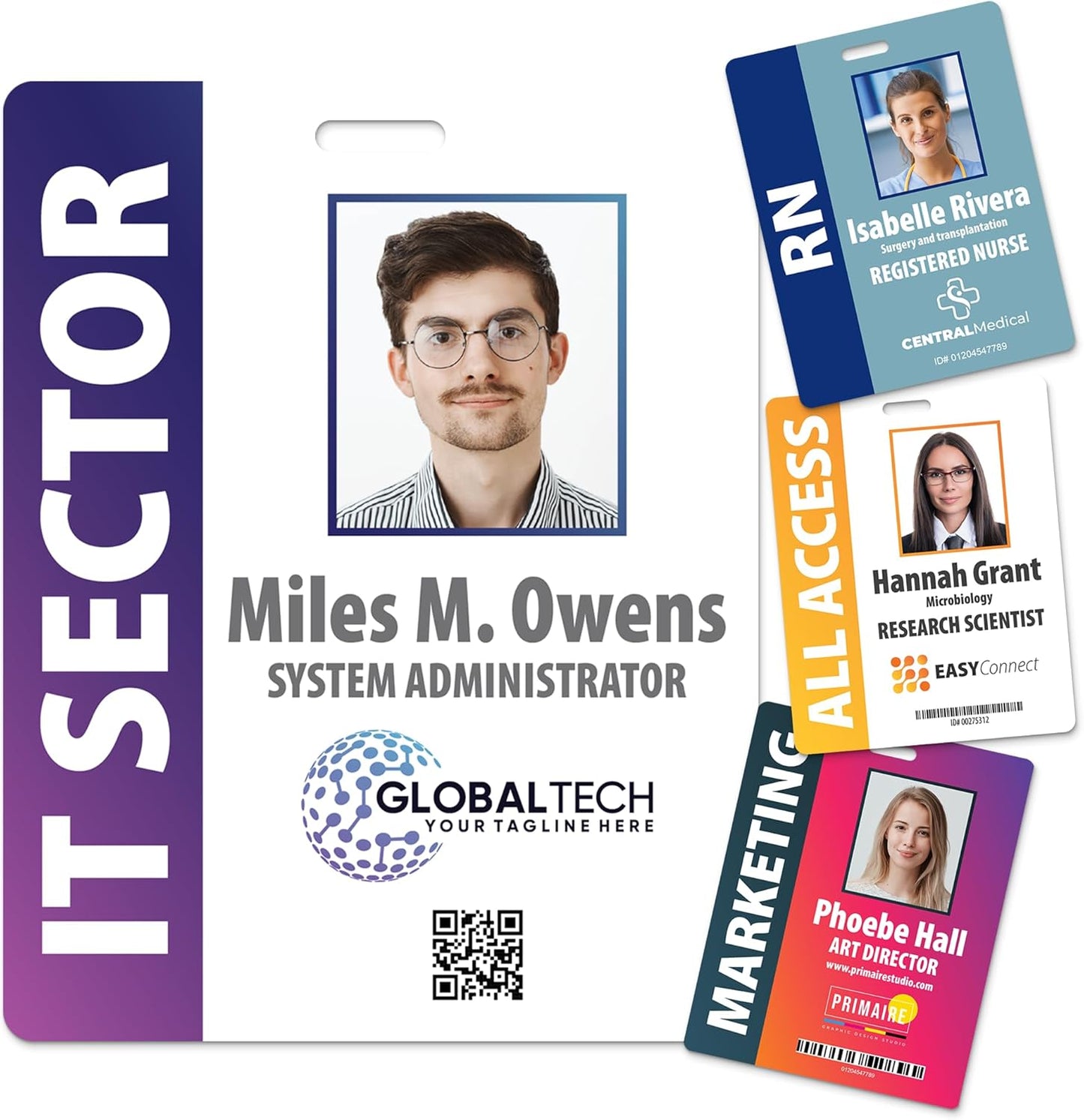 Custom Print Employee ID Badge with Vertical Side Text, Double Sided Print with Name, Photo, Logo, and Barcode – Unique Photo ID Card Solution (Horizontal Oversize)