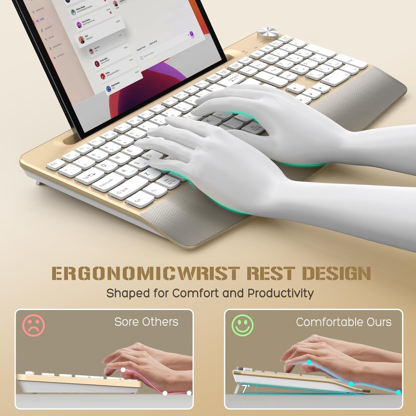 JOYACCESS Ergonomic Wireless Keyboard with Palm Rest & Tilt Angle, 2.4G Full-Size, Comfortable Typing, USB-C Adapter & Phone Holder for Mac/Windows -Gold White