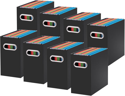 Oterri File Organizer, 8 Packs Small Storage Box, Cardboard File Folder Organizer, Collapsible File Box for Hanging File Folders Letter Size, Portable Filing Organizer with Handle (Black