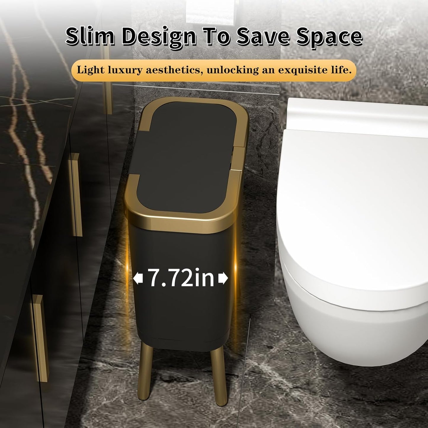 Procade 2Pack Trash Can with Lid, Modern Bedroom Garbage Can with Gold Edge, Slim Kitchen Garbage Bin，4 Gallon Trash Bin Plastic Waste can for Office, Living Room,Toilet,Bathroom (Black+White)