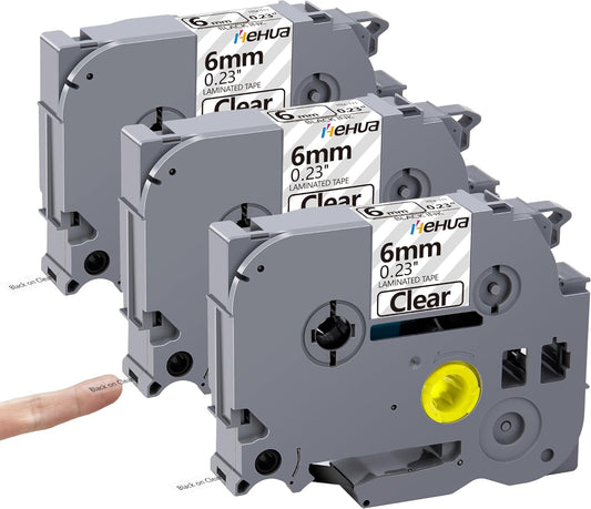 Hehua Tze Tz 6mm 0.23 Laminated Clear Tape Compatible for Brother Label Maker Tape TZe-111 TZe111 TZ-111 TZ111 for Ptouch PT D200 D210 H110 1880, 1/4'' x 26.2ft Black on Clear, 3 Pack