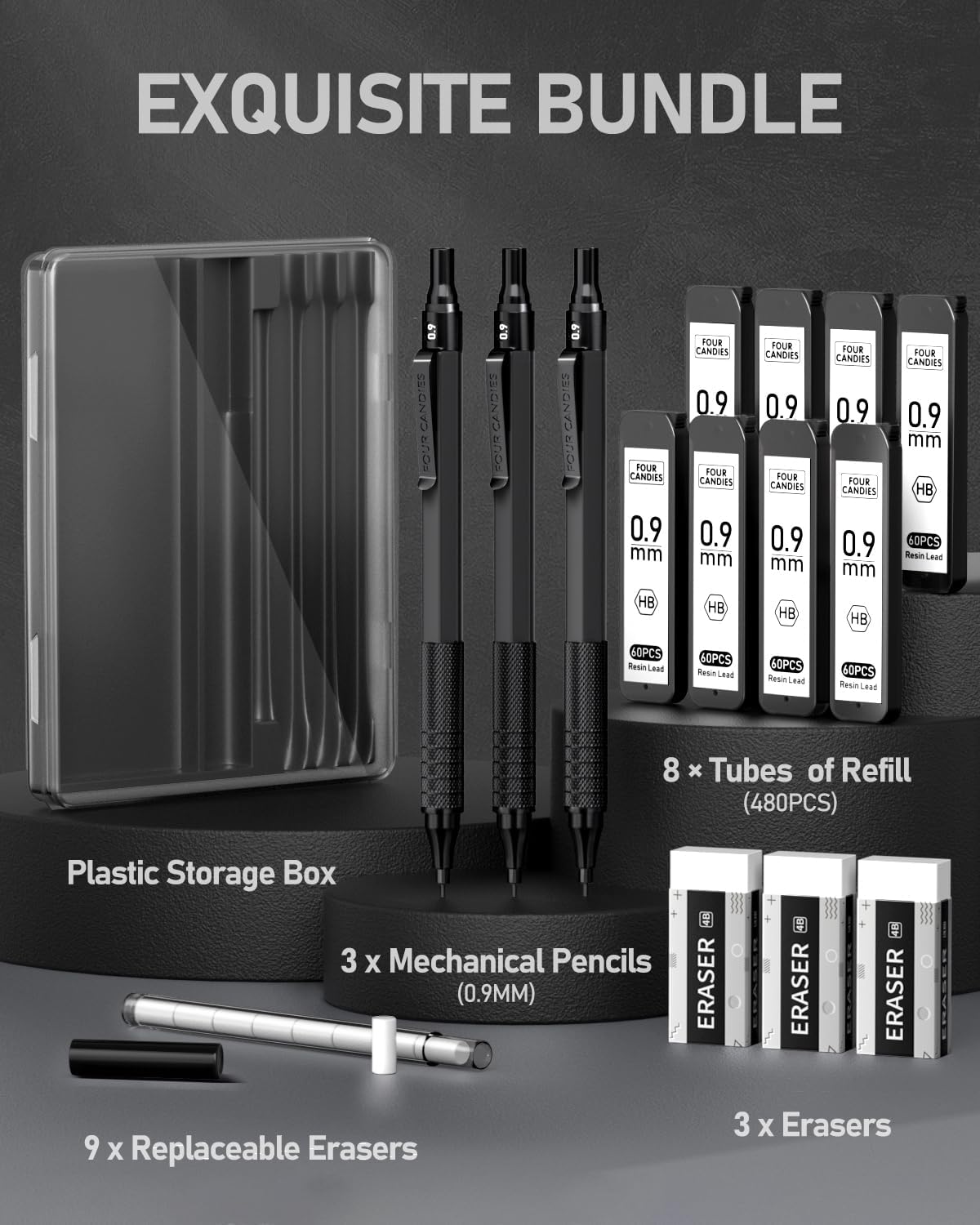 Four Candies 0.9mm Mechanical Pencil Set with Case, 3PCS Metal Artist Lead Pencil with 8 Tubes (480PCS) HB Lead Refills, 3 Erasers, 9 Eraser Refills For Engineer Art Writing Drafting, Black