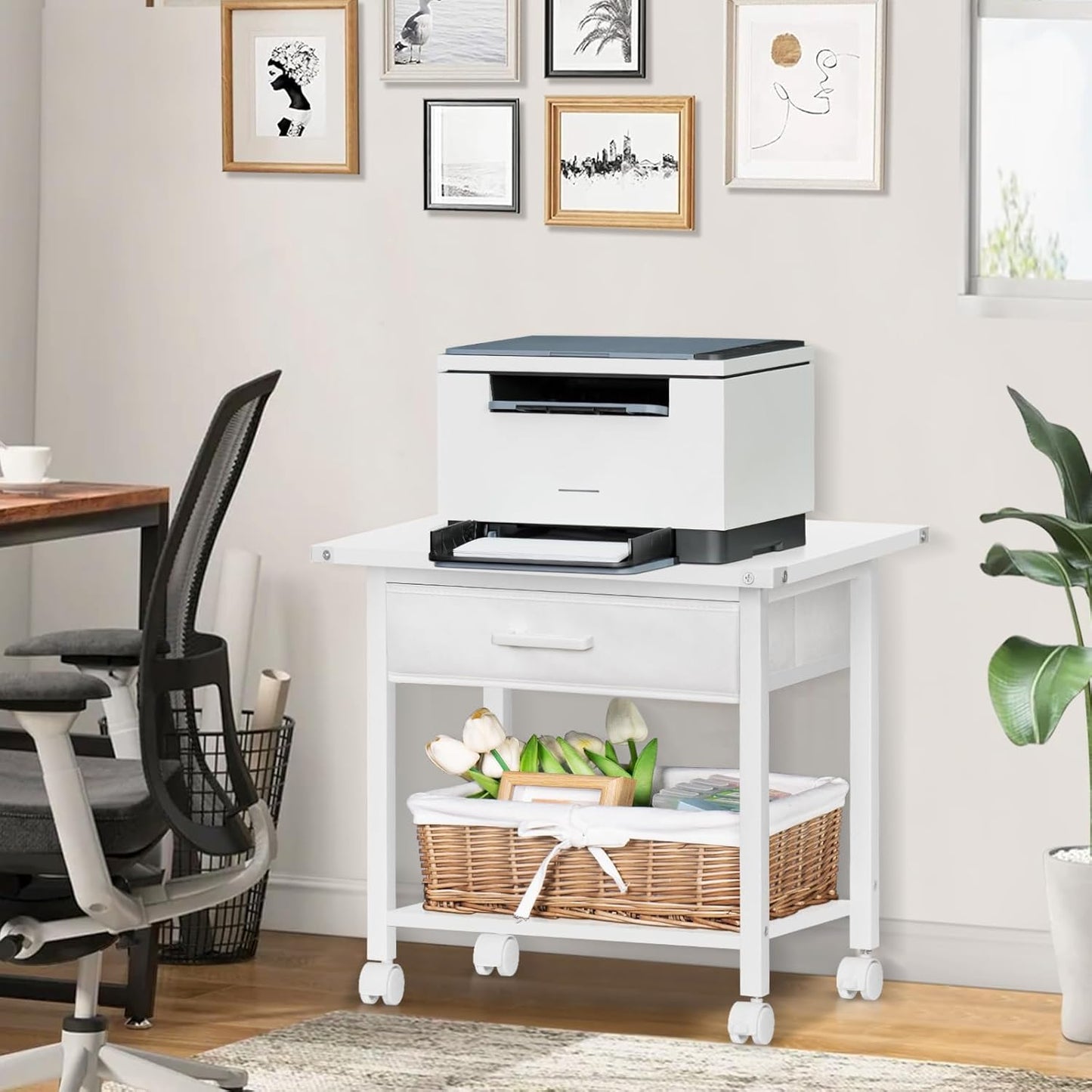 Lerliuo Under Desk Rolling Printer Stand with Drawer, 2-Tier Industrial Mobile Printer Table Desk with Storage Shelf and Steel Frame, Printer Cart Holder with Lockable Wheels for Home, Office (White)