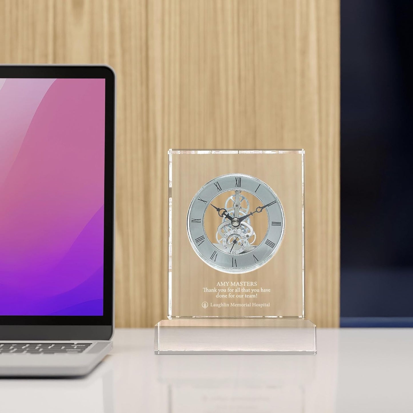 Baudville Engraved Clock Trophy - Executive Crystal - Rectangular Shaped on a Rectangular Base - Silver Inset Time Piece (Rectangle Silver Custom Logo)