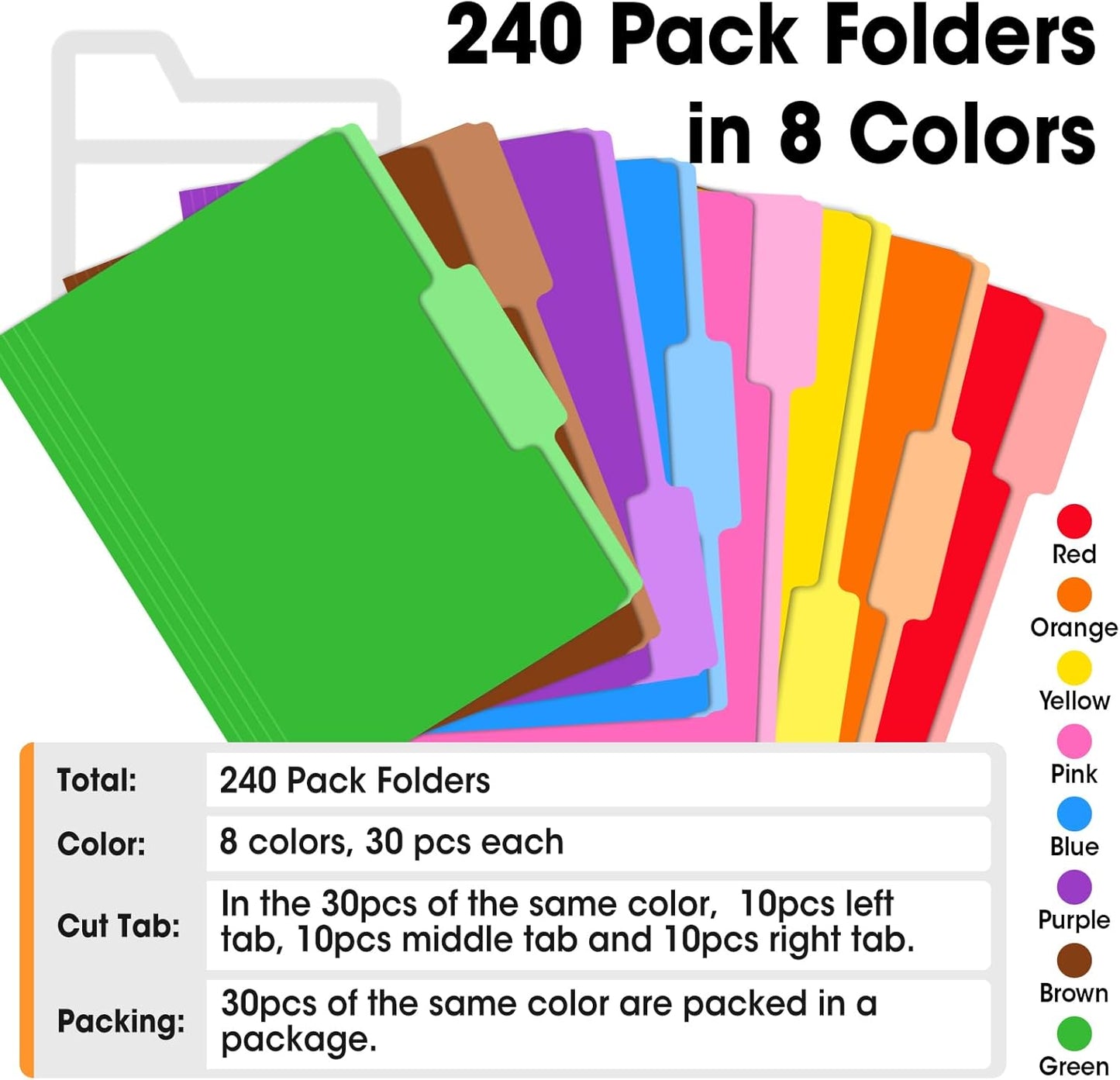 240 Pack Colored File Folders, 1/3 Cut Tab File Folders Letter Size 8.5 x 11 Inch, Assorted 8 Colors Filing Folder for Office School Business