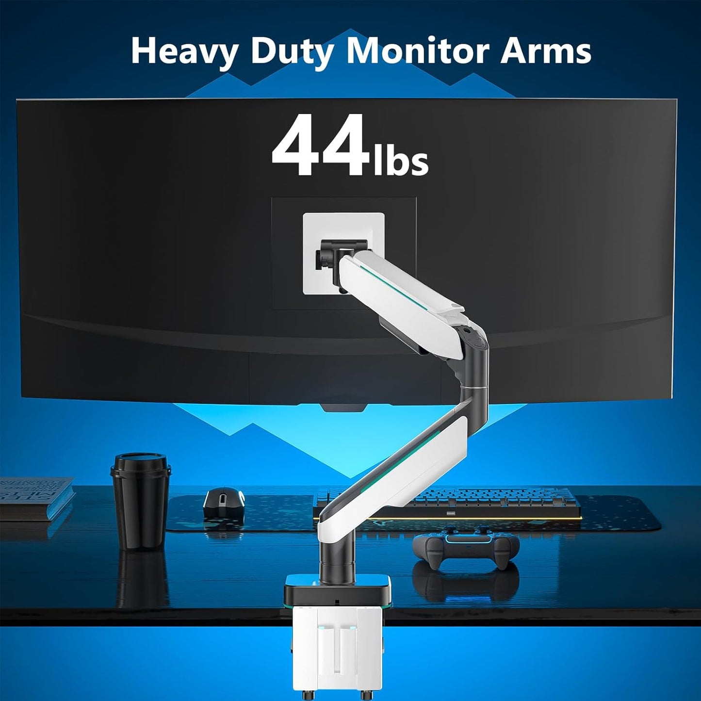 WALI Heavy Duty Monitor Arm, Monitor Stand for Screen up to 49 inch, 44 lbs, Aluminum Ultrawide Computer Mount for Samsung Odyssey G9, Adjustable, Mounting Holes 75 and 100 (GAM001XL), White