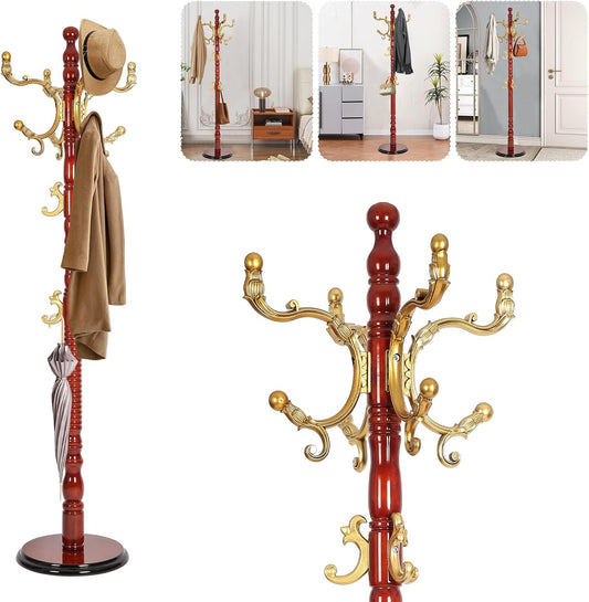 Solid Wood Coat Rack – 73" Freestanding Coat Racks Stand with 14 Hooks & Stable Base, Adjustable Height Modern Wooden Hall Tree for Entryway, Bedroom, Office, Home (Begonia Round)