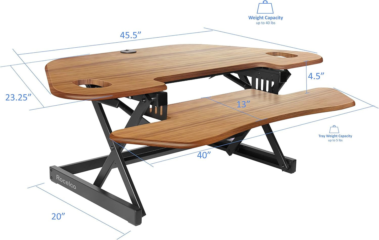 Rocelco 46" Height Adjustable Corner Standing Desk Converter with Dual Monitor Stand Bundle - Sit Stand Up Computer Workstation Riser - Extra Large Keyboard Tray - Teak Wood Grain (R CADRT-46-DMS)