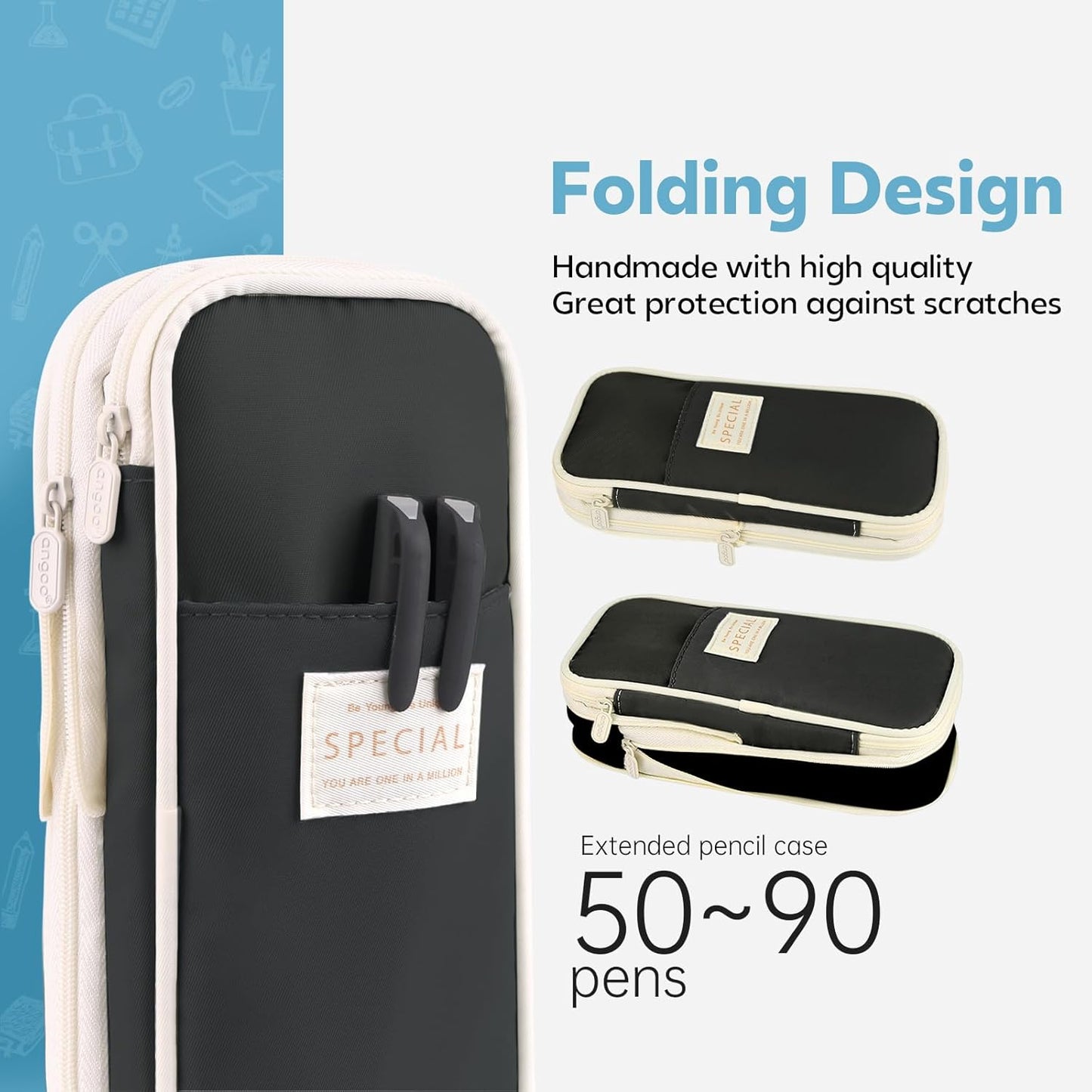 Pencil Case, Large Capacity Aesthetic Pencil Cases with Durable Zipper, Big Stationery Pencil Pouch for Women & Men, Adults Portable Storage Organizer Bag for College, office, Travel (Black)