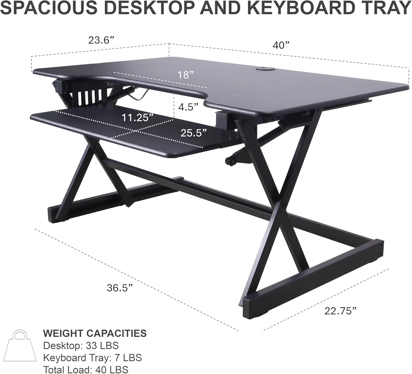 Rocelco 40" Height Adjustable Standing Desk Converter with AC Outlet USB Charger and Dual Monitor Stand - Tabletop Riser Computer Workstation - Sliding Keyboard Tray - Black (R DADRB-40-ACUSB-DMS)