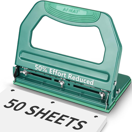 AFMAT Heavy Duty 3 Hole Punch, 50-Sheet, 50% Reduced Effort, Adjustable Two & Three Hole Punch, Metal Paper Puncher w/Large Chip Tray, Metal Paper Guide, Green