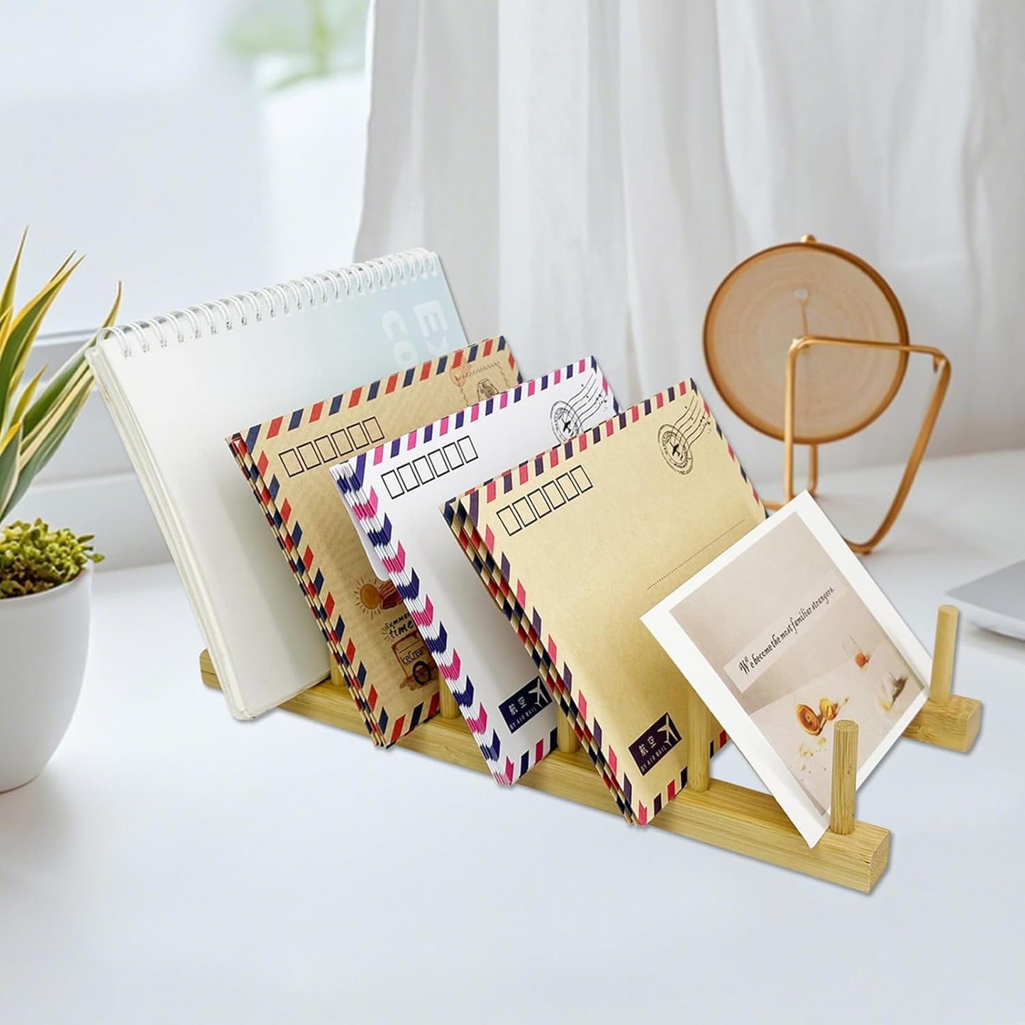 2 Pack Mail Organizer for Desk, Wood Mail Holder Countertop with 5-Slot, Small Letter Sorter File Holder,Office Desktop Envelope Organizer and Book Display Rack