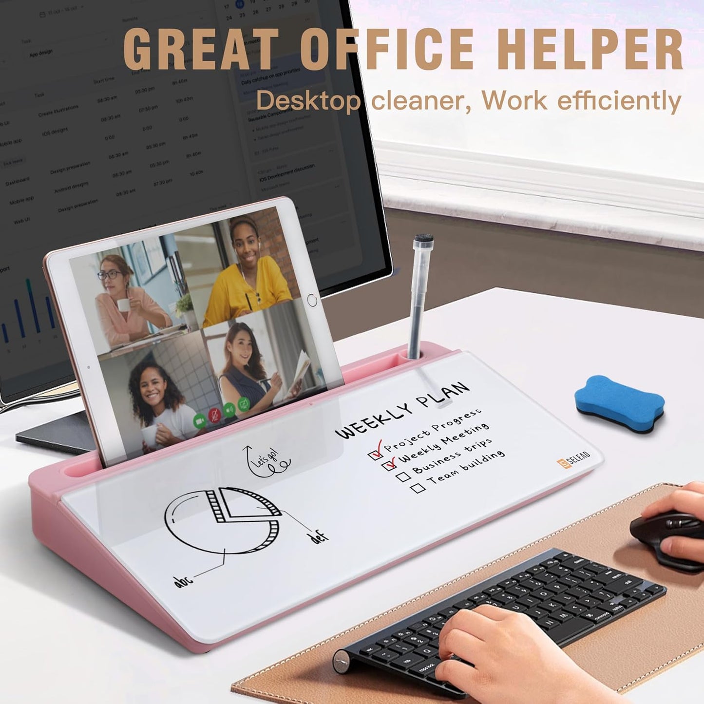 SELEAD Desktop Glass Whiteboard with Organizer & Built-in Mirror - Small Dry Erase White Board Computer Pad Keyboard Stand with Markers, Eraser, Holder for Women Girls - Pink