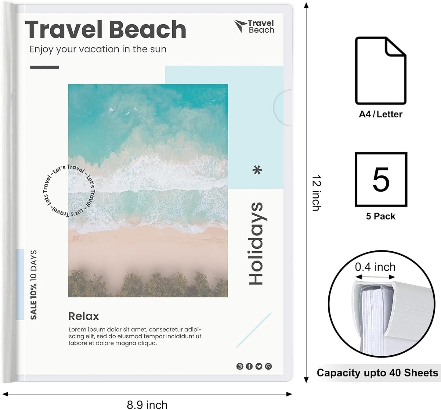 JOERSH 5Pcs Clear Report Covers with Sliding Bar, 40 Sheet Capacity Plastic Binder Paper Protector, Report Folders with Clear Cover for Resume File Documents, 5 Colors