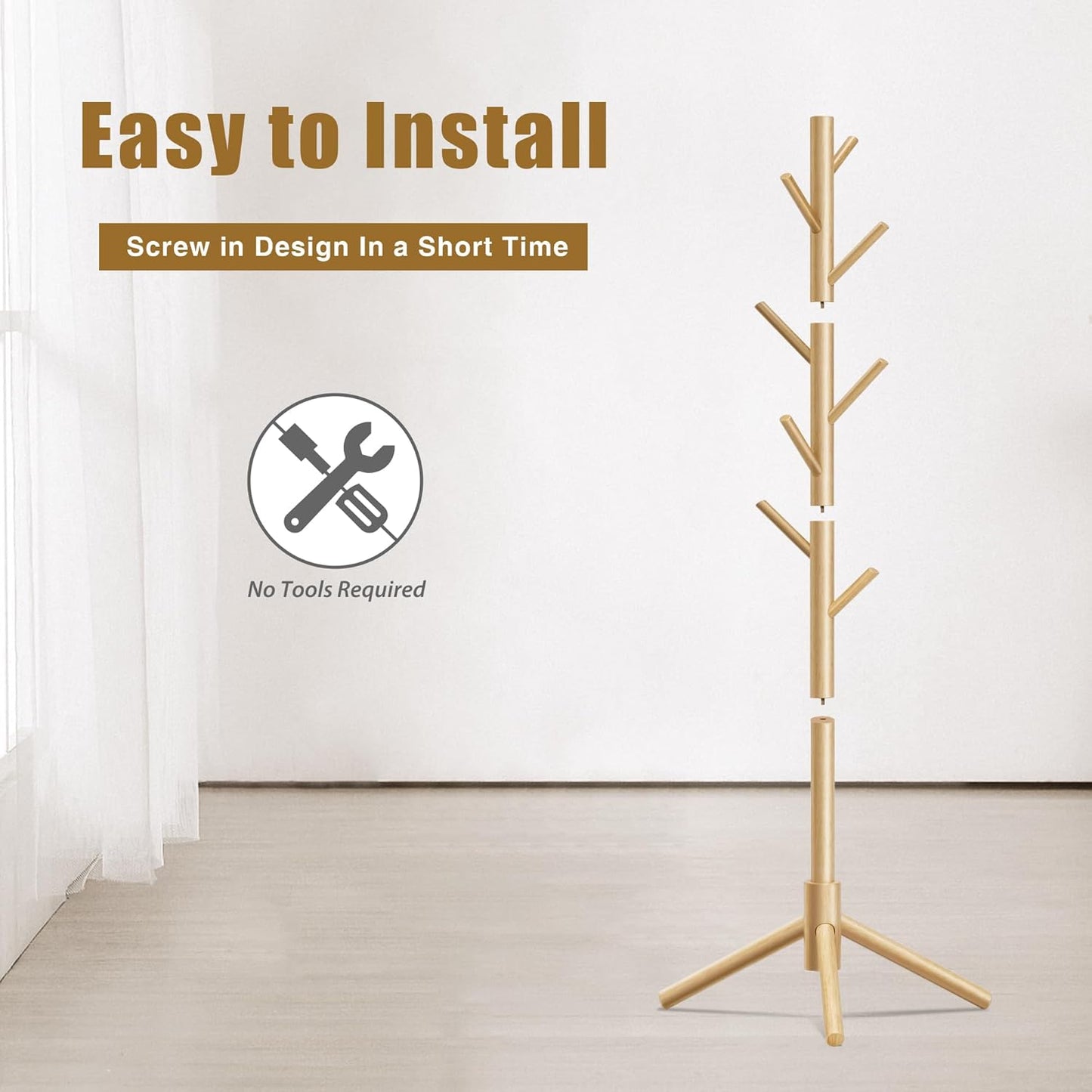 Wooden Coat Rack, Free Standing Coat Rack with 8 Hooks 3 Adjustable Heights for Clothes, Hats, Handbags, Coat Tree Easy Assembly for Entryway, Bedroom, Hallway, Office(2PCS)