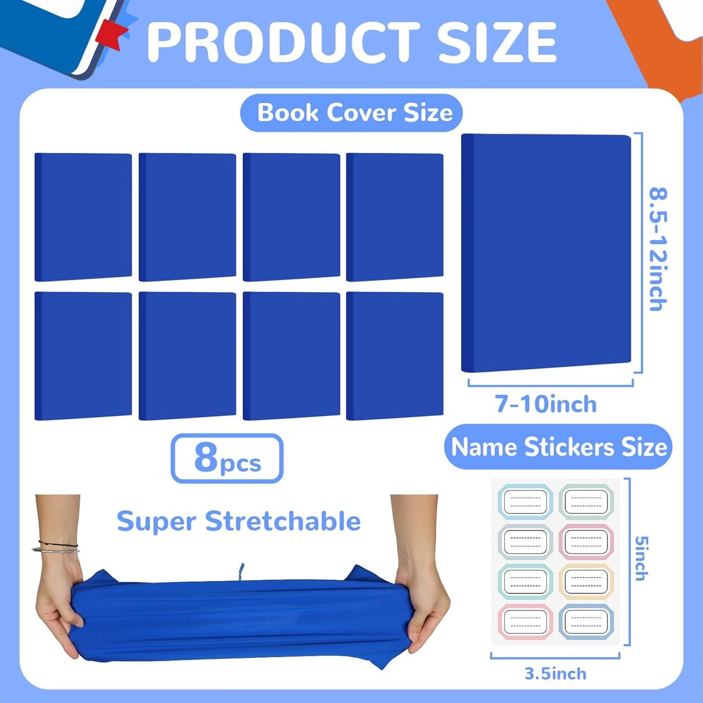 Jumbo Book Covers 8 Pack Reusable Fabric Book Cover Protective Books Covers 9 x 11 Inch Blue Stretchable Books Sleeve Cover with Label Sticker for Most Hardcover Textbooks Up to 10 x 12.5 Inch