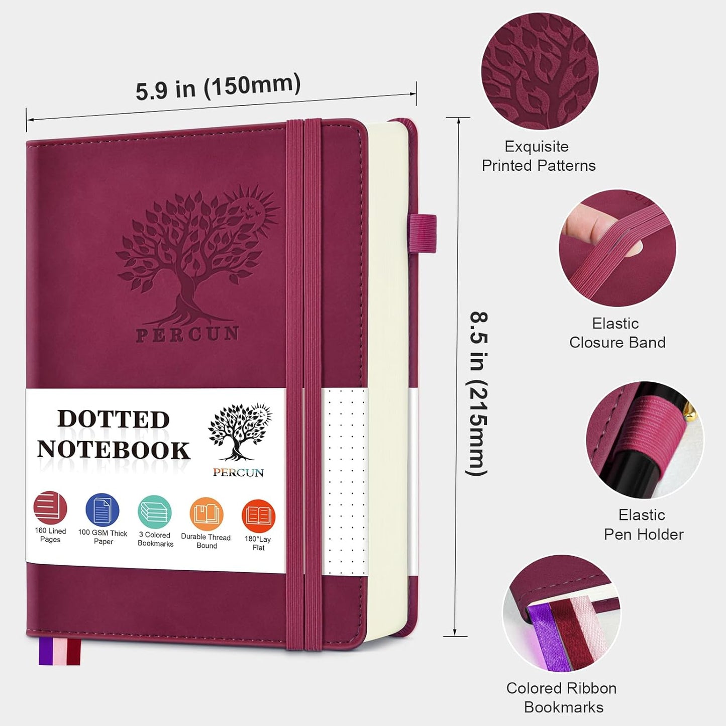 Dotted Journal Notebook for Men & Women, 160 Pages Dot Grid notebook for Note Taking, Bullet Journaling Notebook for Work, School, Travel, Writing,A5 Hardcover 5.9" x 8.5" (Burgundy)