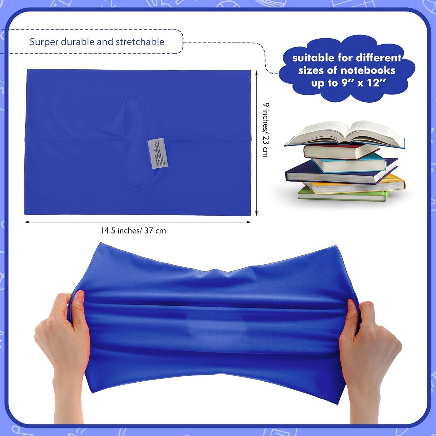 Sherr 14 Pack Stretchable Book Covers Reusable Jumbo Bookcloth 9" x 11" Durable Washable Back to School Book Cover Protector for Most Hardcover Books Textbooks(Blue,Classic)
