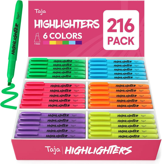 Taja 216 Pack Highlighters Bulk Assorted Bright Colors, 6 Colors Chisel Tip Highlighters Markers Set with No Bleed Ink, Perfect for School & Office Supplies