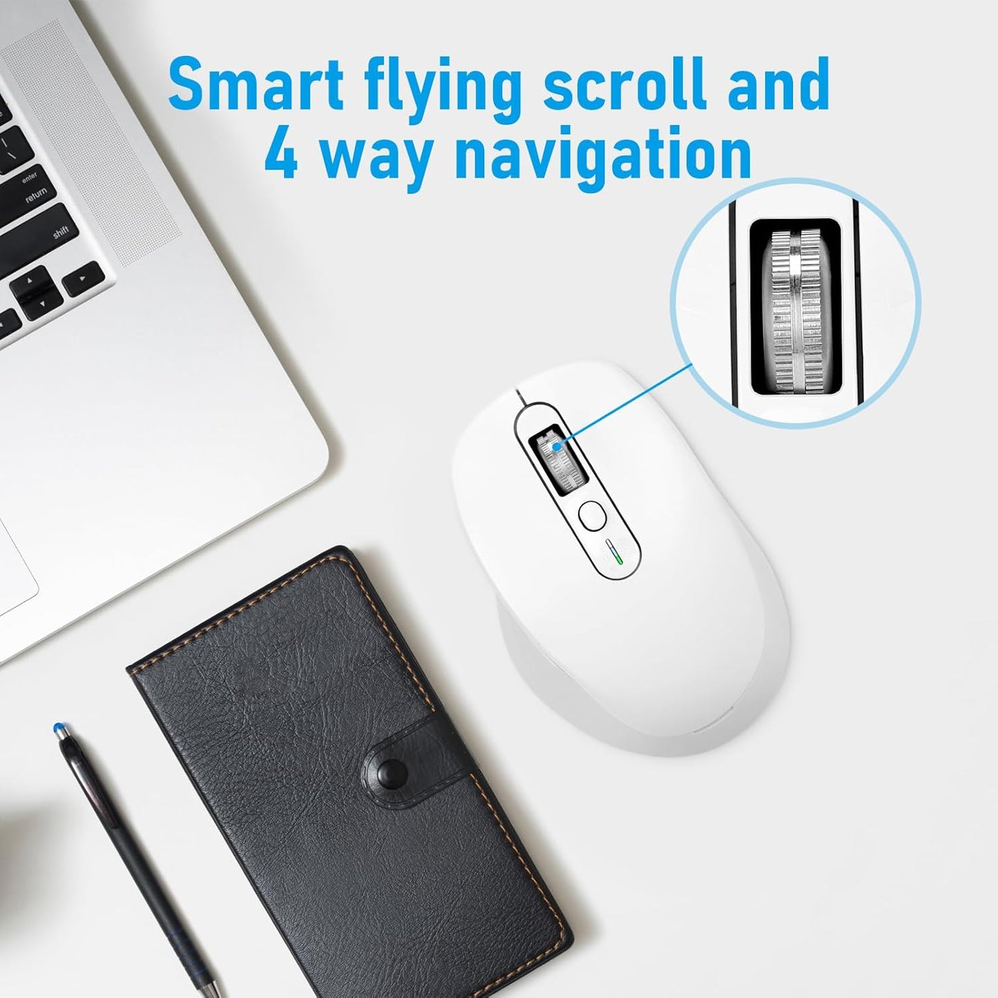 Multi-Device Wireless Bluetooth Mouse, 2.4G USB Receiver and Two Bluetooth, 4-Way Navigation Mice for Computer, Laptop, PC, MacBook, iPad (White)