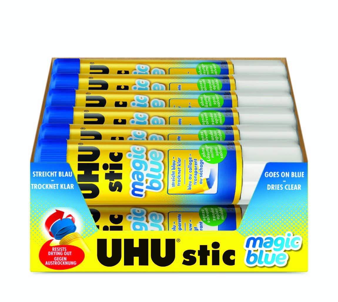 UHU Colored Glue Stick, 0.74oz Blue, rubs on Blue & Dries Clear, Washable, Solvent Free, Screw on Cap, Pack of 24