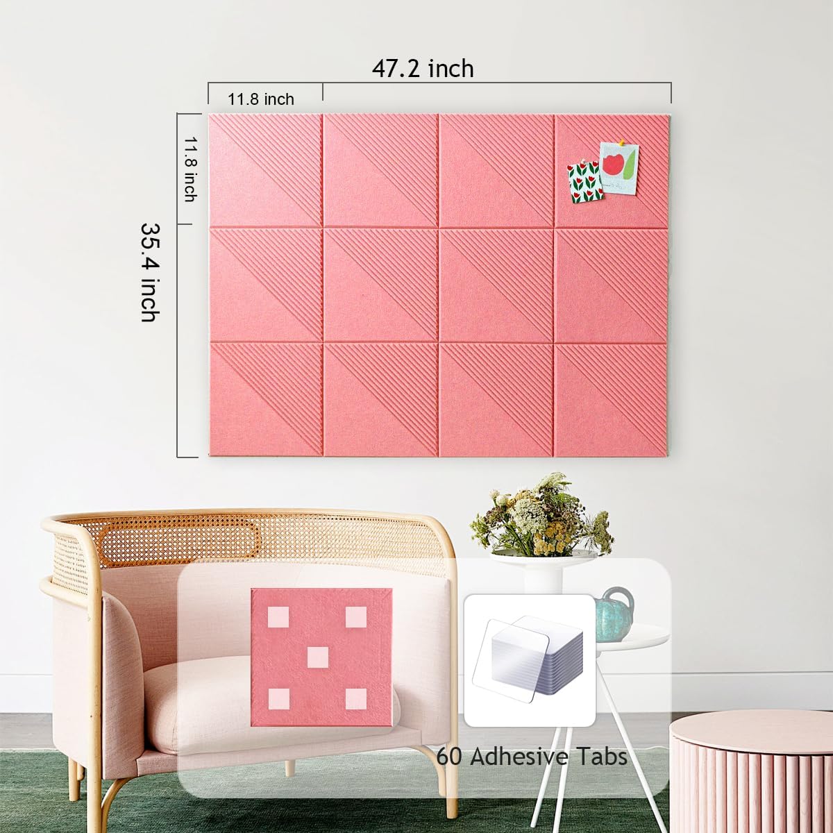 Large Cork Board for Walls 48"x 36", 12 Pack Felt Wall Tiles with Safe Removable Adhesive Tabs, Cork Board for Office,Pinboard Bulletin Board - Pink