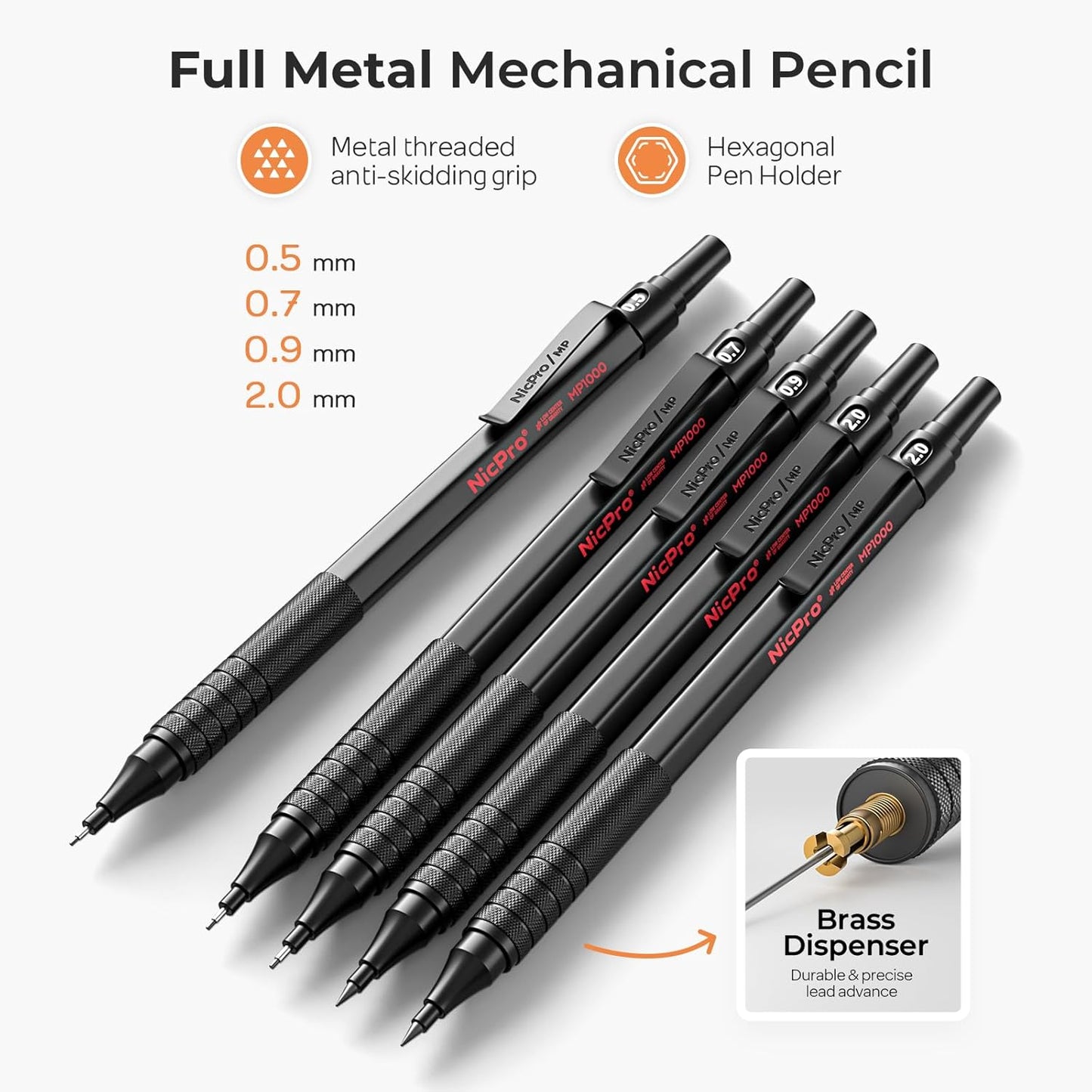 Nicpro 22PCS Art Mechanical Pencil Set, Black Artist Metal Drafting Pencil 0.5 & 0.7 & 0.9 mm & 2PCS 2mm Graphite Lead Holder(4B 2B HB 2H) for Drawing Writing Sketching With Lead Refills Erasers Case