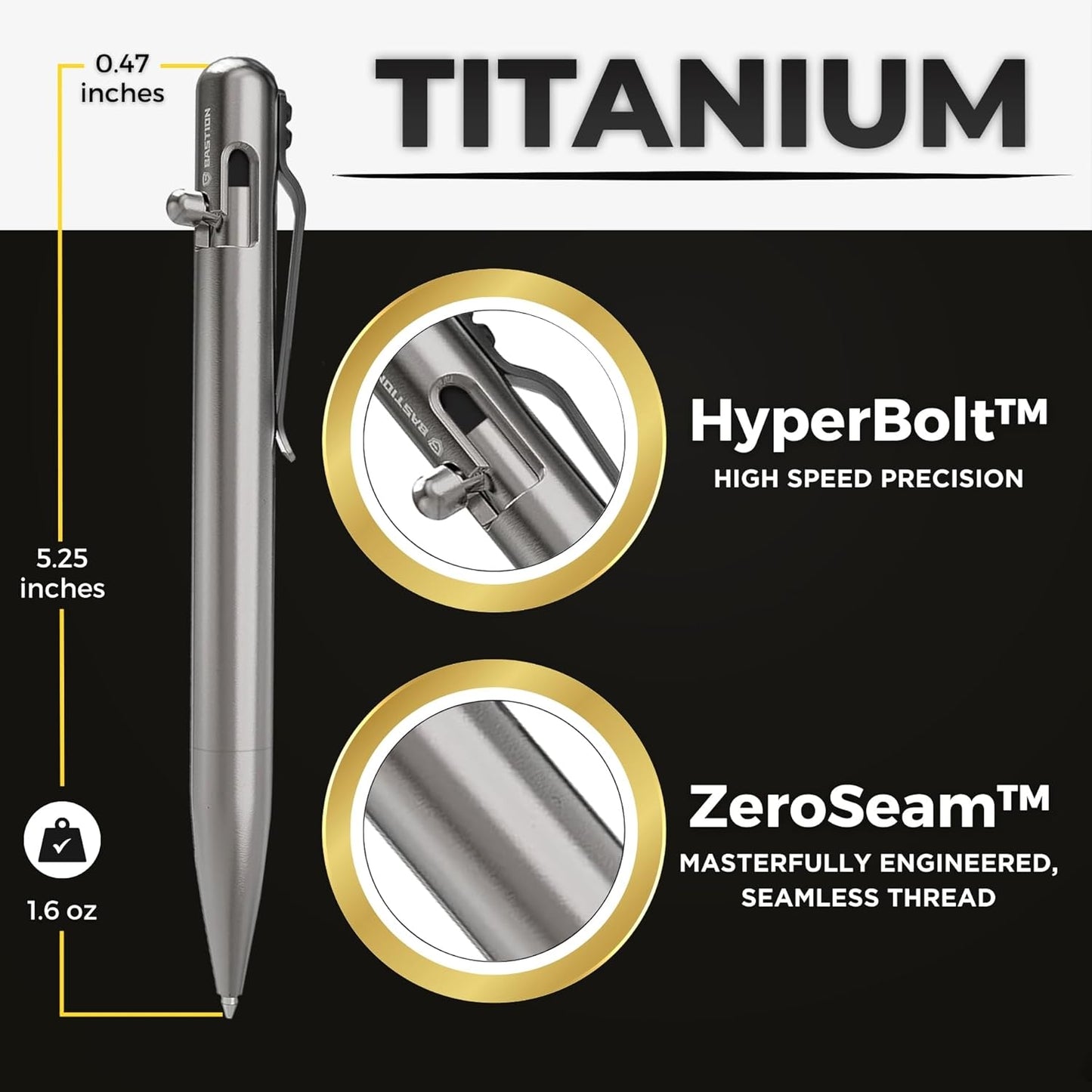 BASTION® Luxury Bolt Action Pen, Durable Professional Ballpoint Pen with Fine Tip, EDC Pen Ink Refillable Pen - 100% Titanium