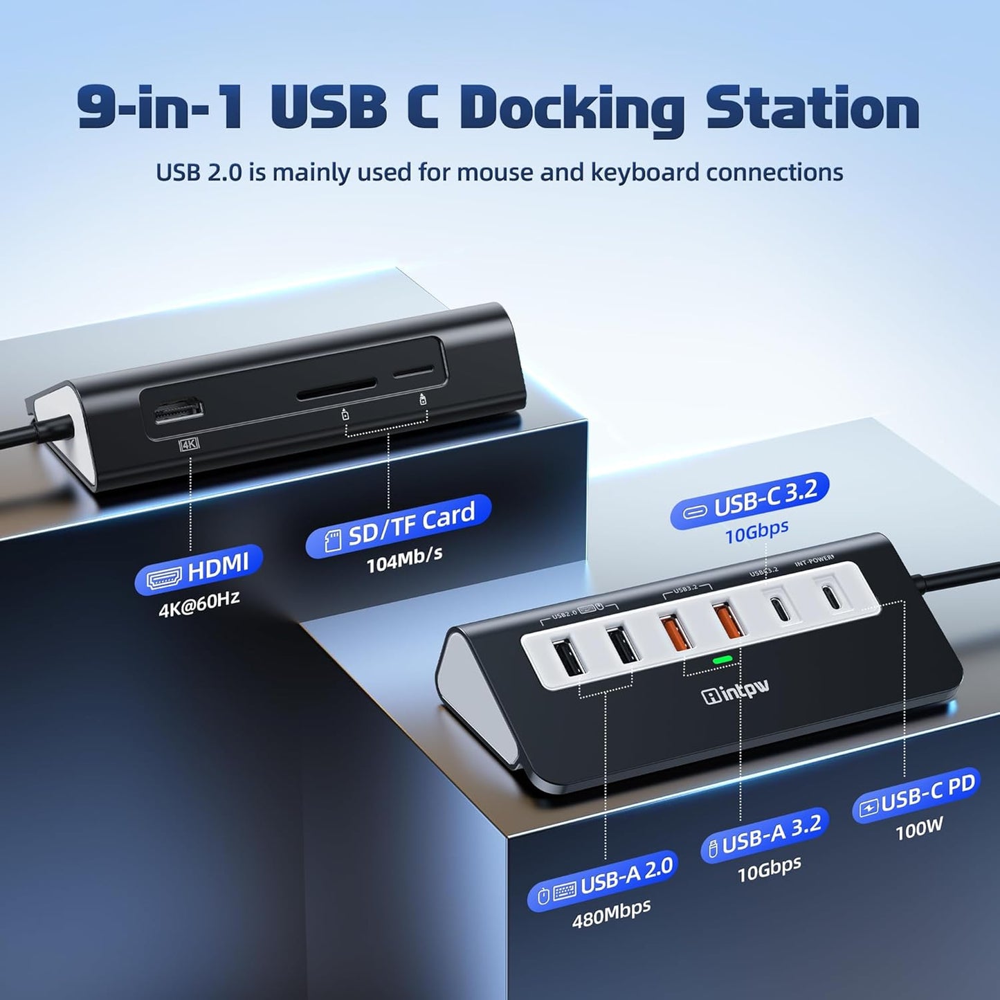 USB C Hub 10Gbps, 9-in-1 USB C Docking station with 4K@60Hz HDMI, Type-C & 2 Type-A 3.2, 2 USB-A 2.0, PD 100W, SD/TF Port, Black Aluminum USB Hub for Laptop, iPhone 16/15 Series, MacBook Air/Pro