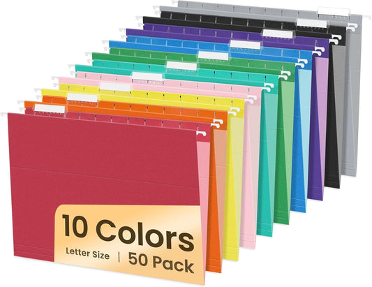 SUNEE Hanging File Folders, 50 Pack Letter Size Hanging File Folders with 1/5-cut Tabs, Stay Organized for Your Home and Office Bulk File, Documents and Paper,10 Assorted Colors