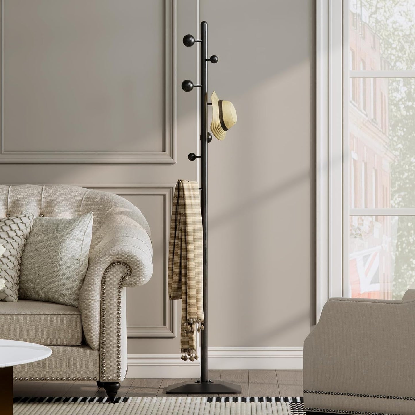 Metal coat rack stand with geometric shape metal base,Heavy duty coat rack freestanding with 7 ball hooks,Coat racks tree hats hanger holder stand for entryway, hallway, bedroom