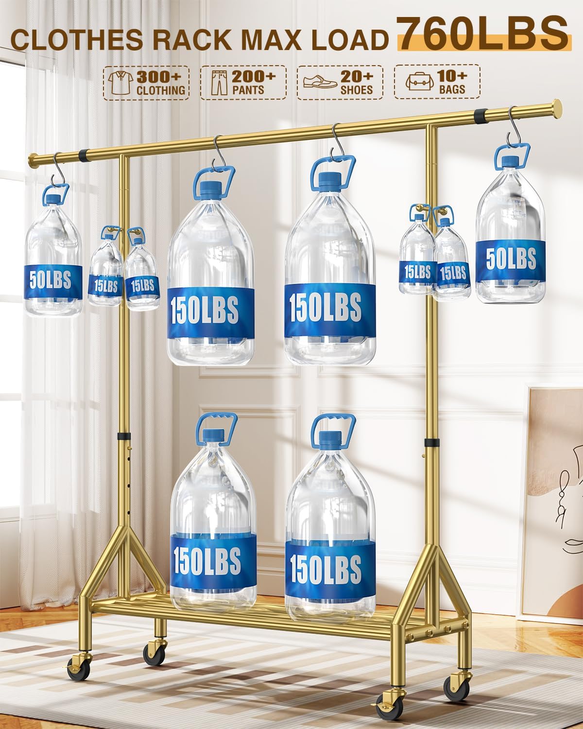 Upgraded 100% Stainless Steel Clothing Rack Load 760LBS, Heavy Duty Clothes Racks with Larger & Sturdy Wheel, Extendable & Adjustable Rolling Garment with Shelves (1 Single Rod, Gold)