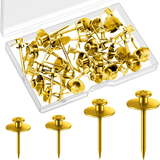 Zhengmy 40 Pcs Double Headed Picture Hangers Nails 4 Size Long Thumb Tacks Wall Nails for Hanging Pictures Decorative Push Pins Hooks for Drywall Photo Office Home Decor, 20/30/ 40/ 50lb(Gold)