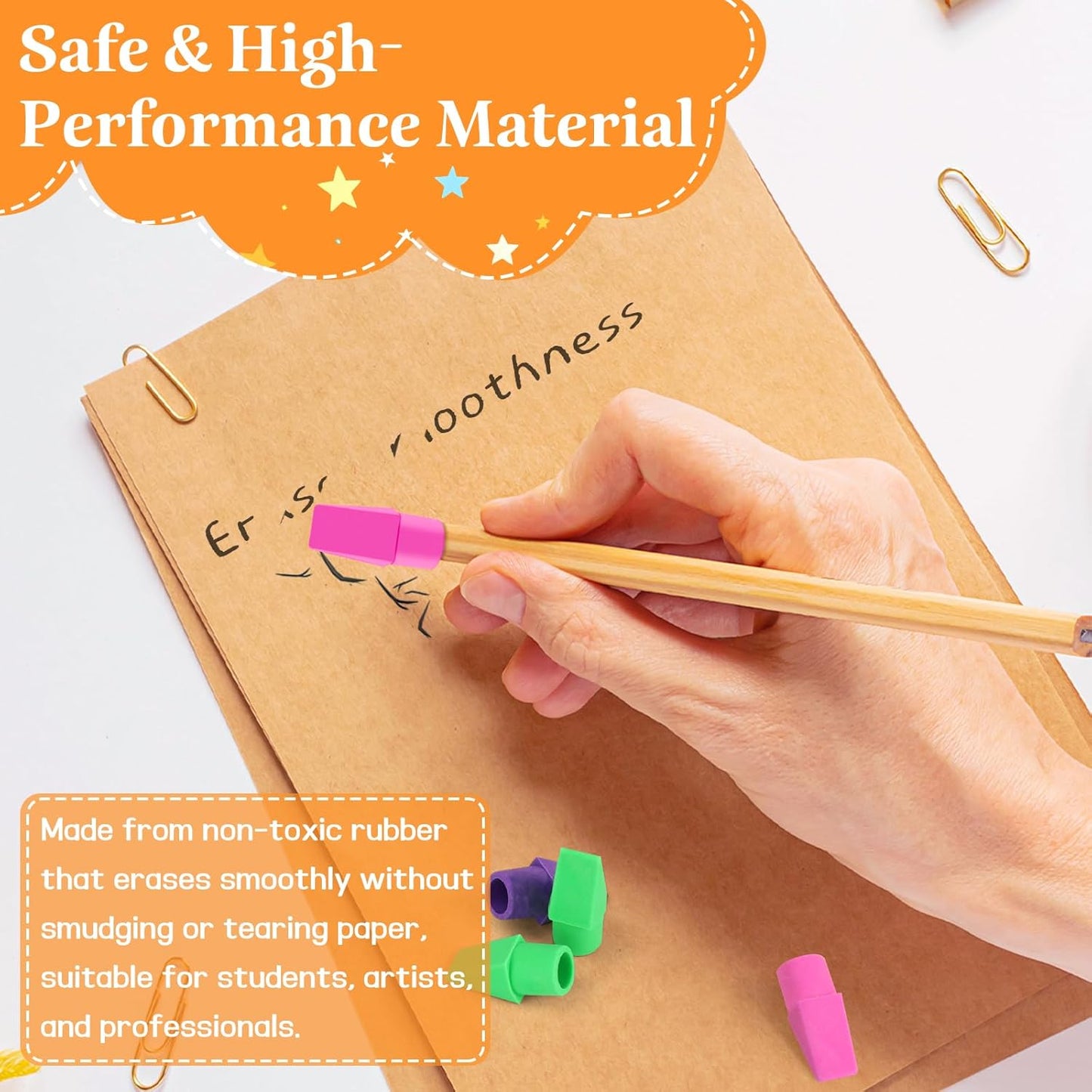 PRALB 200PCS Multicolor Pencil Top Eraser Caps - Bullet Tip Erasers in Pink, Purple, Green & Yellow | Bulk Pack for School, Office, Party Favors & Classroom Rewards