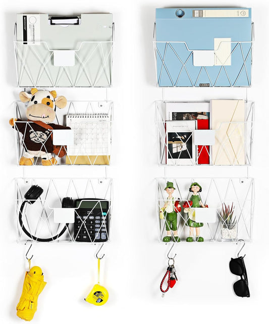 Wall File Holder 6 Pockets Hanging Wall File Organizer, for Papers, Files Clipboard & Magazine Organizer, Wall Mount File Holder Rack for Office Home, White
