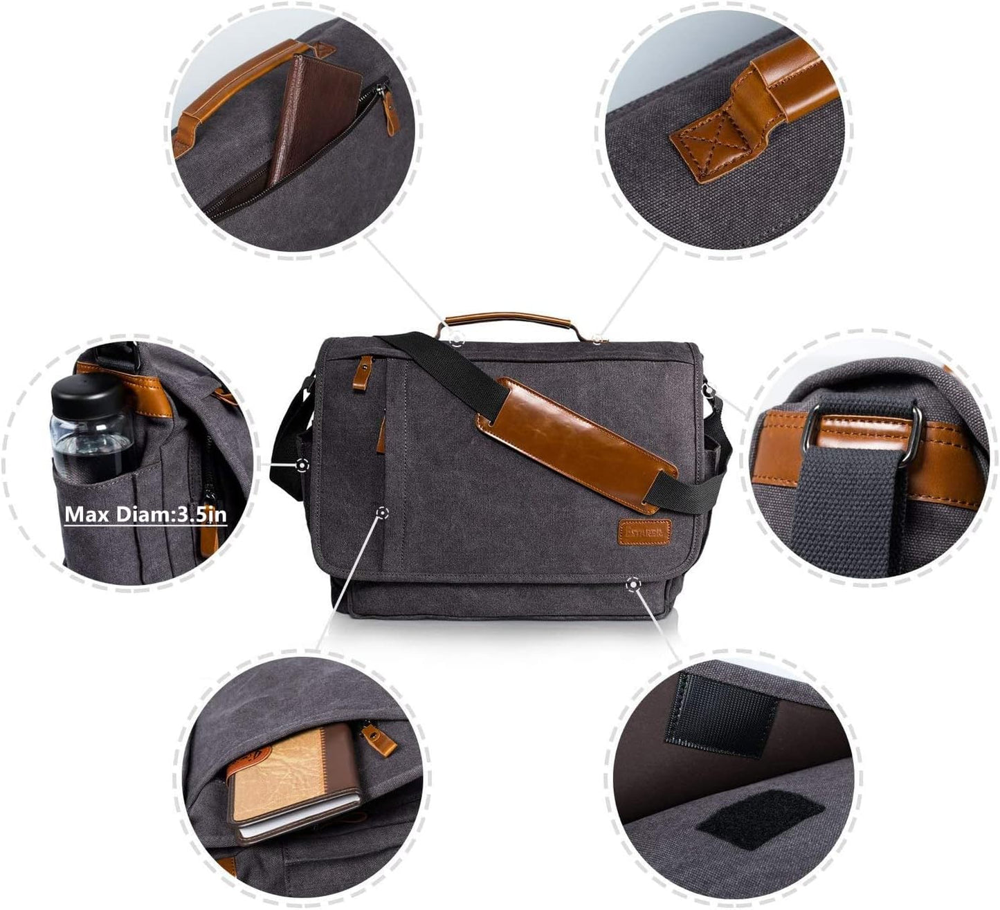 ESTARER Computer Messenger bag Water-resistant Canvas Shoulder Bag 15.6 Inch Laptop for Travel Work, Grey