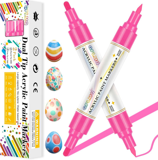 Paint Markers Paint Pens - 2 Pack Dual Tip Acrylic Permanent Marker (0.7mm & 3mm), Non-Toxic, Water-Based for Art Painting, Stone, Ceramic, Glass, Wood, Fabric, Metal, DIY Crafts (Pink)
